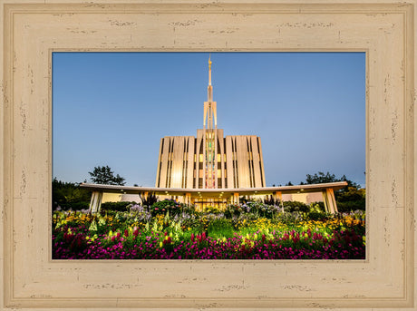 Seattle Temple - Sunset with Flowers by Scott Jarvie