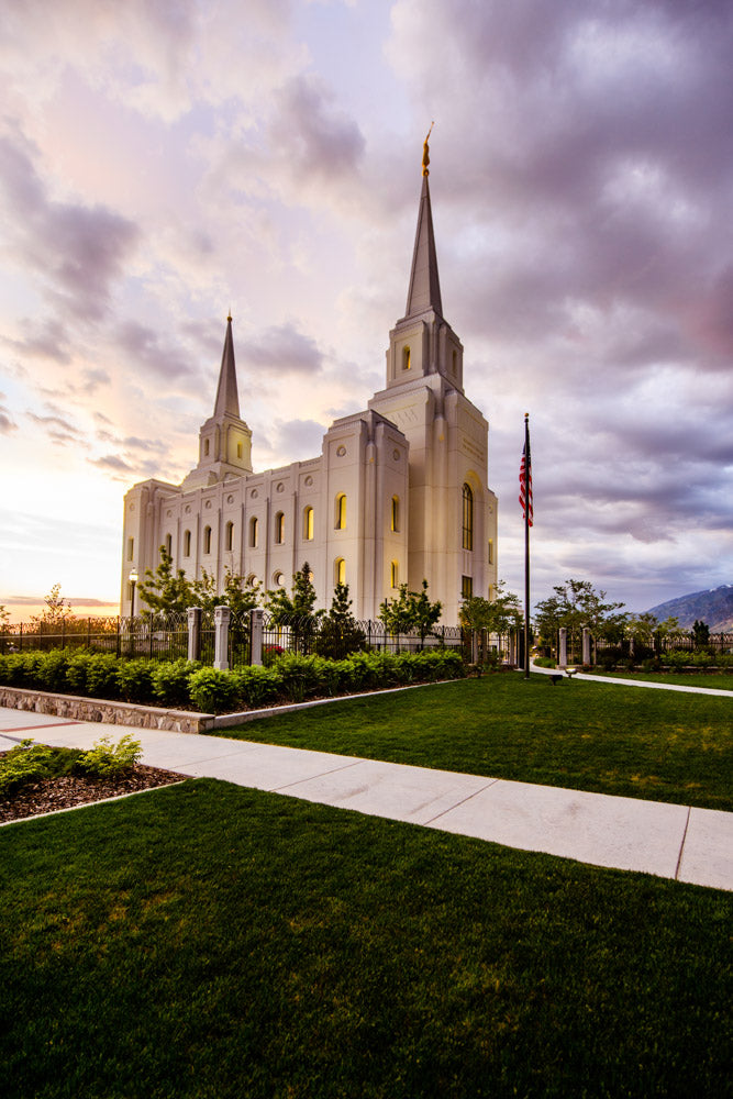 Brigham City Temple -Sunset and Flag by Scott Jarvie