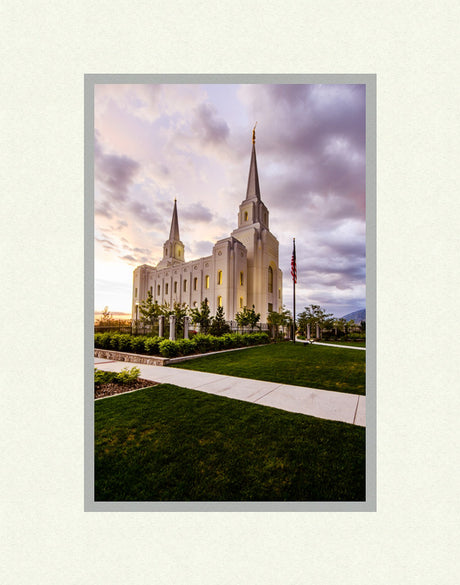 Brigham City Temple -Sunset and Flag by Scott Jarvie