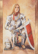 Illustration of a woman in medieval armor kneeling with shield and sword, representing the Armor of God.