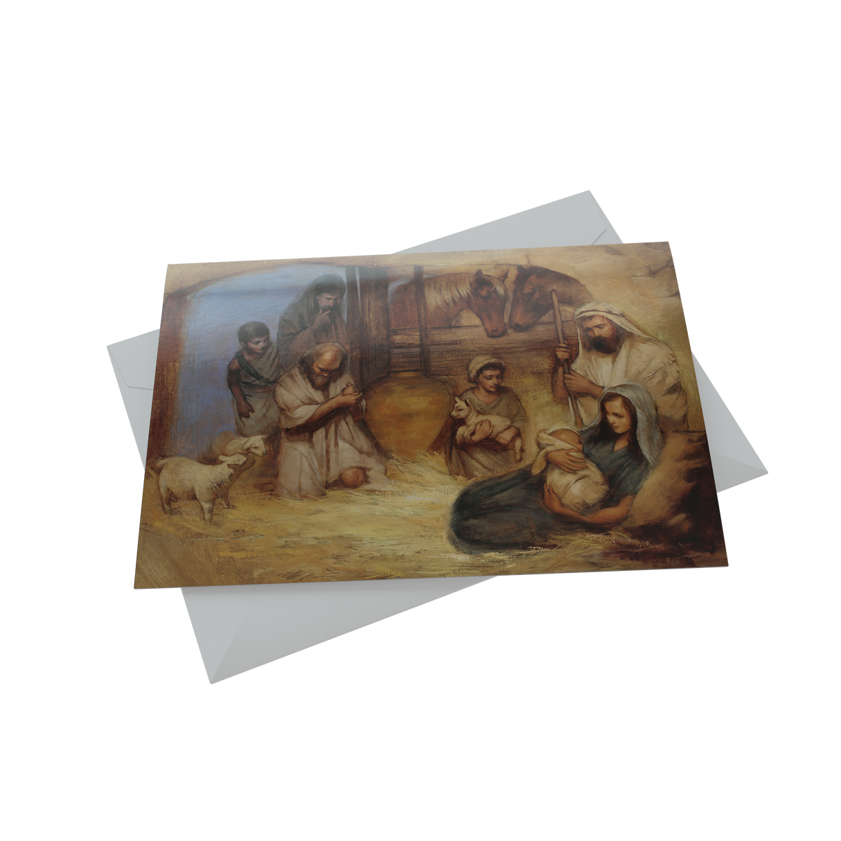 A holiday greeting card depicting Jesus and his family in a painting, by Annie Henrie Nader.