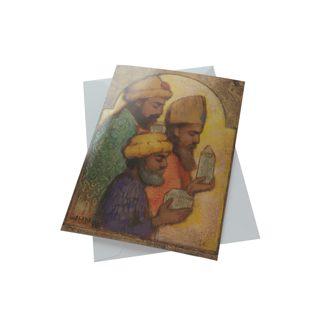 Three men wearing turbans are depicted on a white background, part of Annie Henrie Nader's Christmas Greeting Cards.