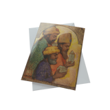 Three men wearing turbans are depicted on a white background, part of Annie Henrie Nader's Christmas Greeting Cards.