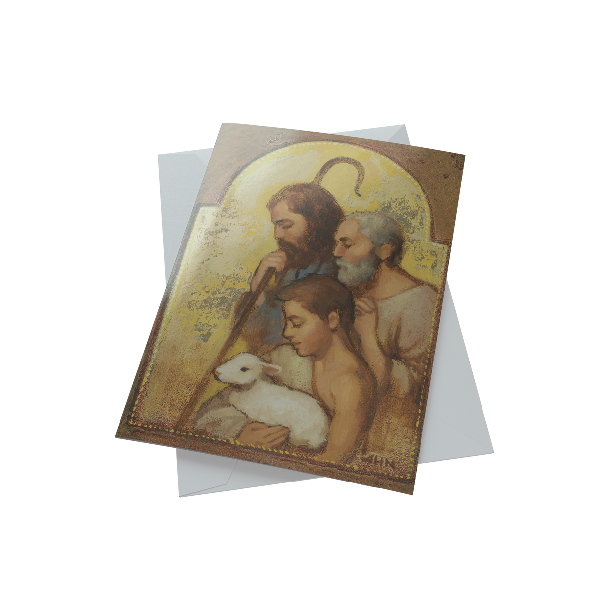 A Christmas greeting card featuring the Holy Family, designed by Annie Henrie Nader, conveying warmth and joy.